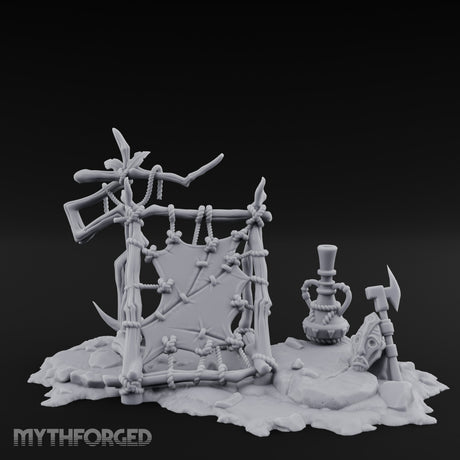 Rope-Knotted Shield-Hung Tribal Weapon Display Scene Miniature for Dungeons and Dragons, Pathfinder or other TTRPGs