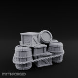 Rope-Lashed Haphazard-Stacked Barrel and Crate Set Miniature for Dungeons and Dragons, Pathfinder or other TTRPGs