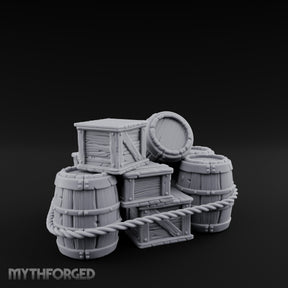 Rope-Lashed Haphazard-Stacked Barrel and Crate Set Miniature for Dungeons and Dragons, Pathfinder or other TTRPGs