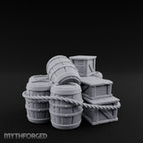 Rope-Lashed Haphazard-Stacked Barrel and Crate Set Miniature for Dungeons and Dragons, Pathfinder or other TTRPGs