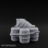 Rope-Lashed Haphazard-Stacked Barrel and Crate Set Miniature for Dungeons and Dragons, Pathfinder or other TTRPGs