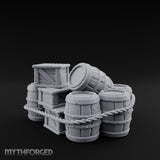 Rope-Lashed Haphazard-Stacked Barrel and Crate Set Miniature for Dungeons and Dragons, Pathfinder or other TTRPGs