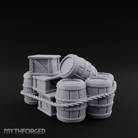 Rope-Lashed Haphazard-Stacked Barrel and Crate Set Miniature for Dungeons and Dragons, Pathfinder or other TTRPGs