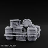 Rope-Lashed Haphazard-Stacked Barrel and Crate Set Miniature for Dungeons and Dragons, Pathfinder or other TTRPGs