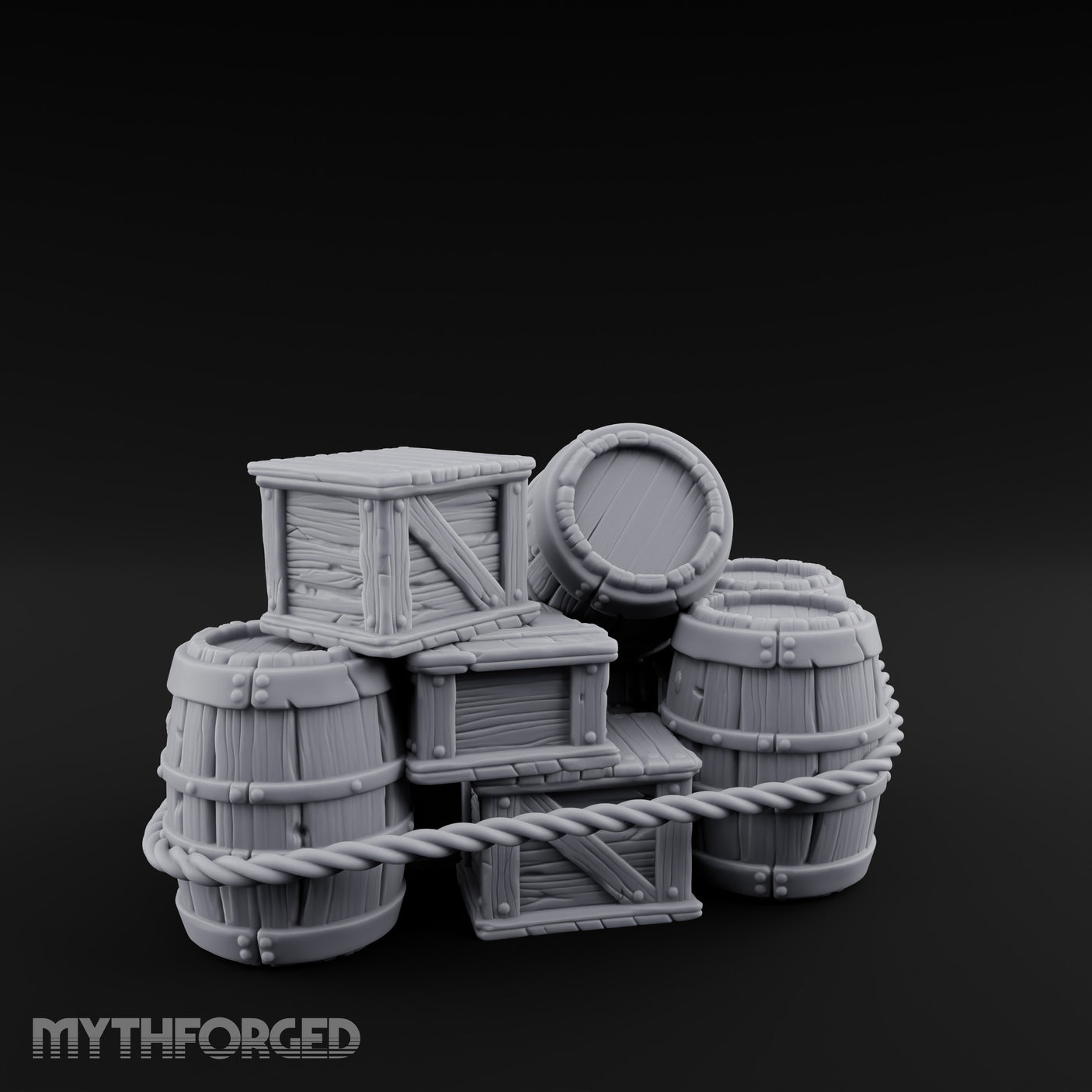 Rope-Lashed Haphazard-Stacked Barrel and Crate Set Miniature for Dungeons and Dragons, Pathfinder or other TTRPGs