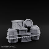 Rope-Lashed Haphazard-Stacked Barrel and Crate Set Miniature for Dungeons and Dragons, Pathfinder or other TTRPGs