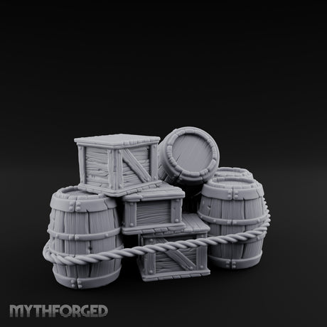 Rope-Lashed Haphazard-Stacked Barrel and Crate Set Miniature for Dungeons and Dragons, Pathfinder or other TTRPGs