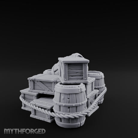 Rope-Lashed Haphazard-Stacked Barrel and Crate Set Miniature for Dungeons and Dragons, Pathfinder or other TTRPGs