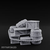 Rope-Lashed Haphazard-Stacked Barrel and Crate Set Miniature for Dungeons and Dragons, Pathfinder or other TTRPGs