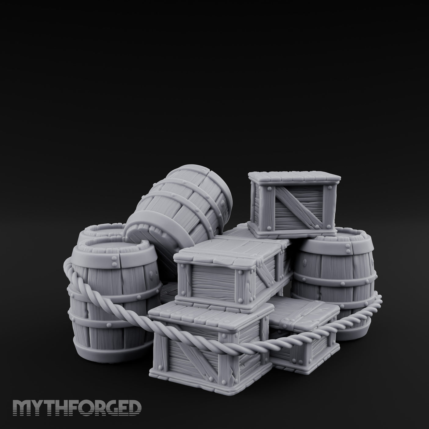 Rope-Lashed Haphazard-Stacked Barrel and Crate Set Miniature for Dungeons and Dragons, Pathfinder or other TTRPGs