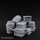 Rope-Lashed Haphazard-Stacked Barrel and Crate Set Miniature for Dungeons and Dragons, Pathfinder or other TTRPGs