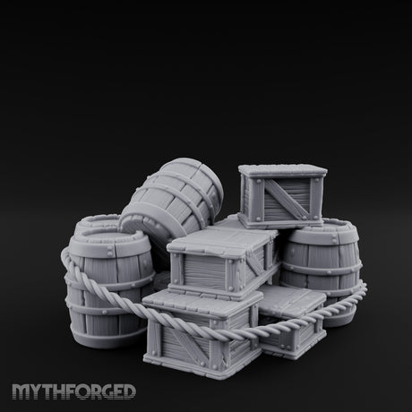 Rope-Lashed Haphazard-Stacked Barrel and Crate Set Miniature for Dungeons and Dragons, Pathfinder or other TTRPGs