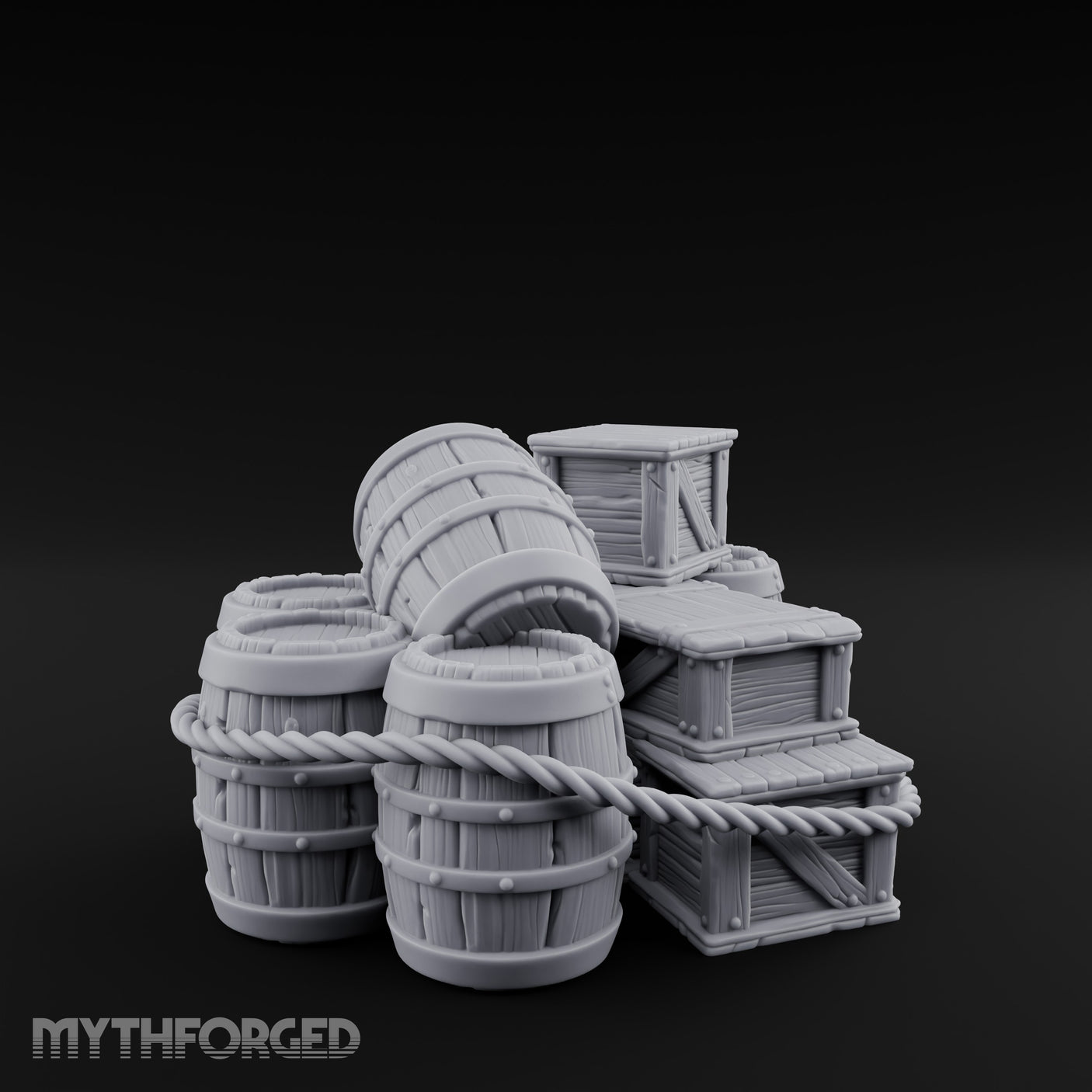 Rope-Lashed Haphazard-Stacked Barrel and Crate Set Miniature for Dungeons and Dragons, Pathfinder or other TTRPGs