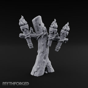 Rope-Lashed Torch-Bristling Tribal Wooden Torch Stand Miniature for Dungeons and Dragons, Pathfinder or other TTRPGs