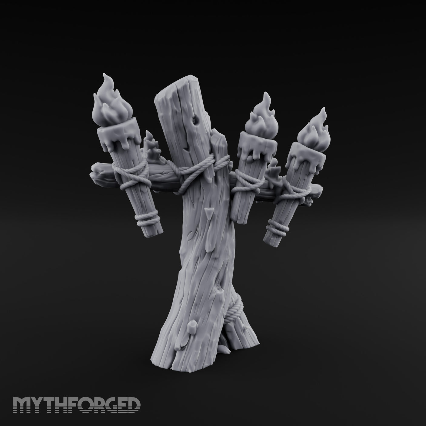 Rope-Lashed Torch-Bristling Tribal Wooden Torch Stand Miniature for Dungeons and Dragons, Pathfinder or other TTRPGs