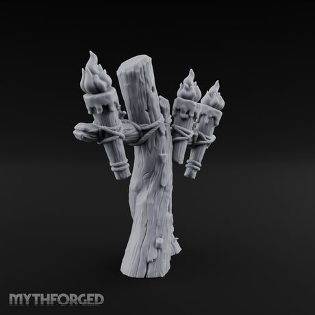 Rope-Lashed Torch-Bristling Tribal Wooden Torch Stand Miniature for Dungeons and Dragons, Pathfinder or other TTRPGs