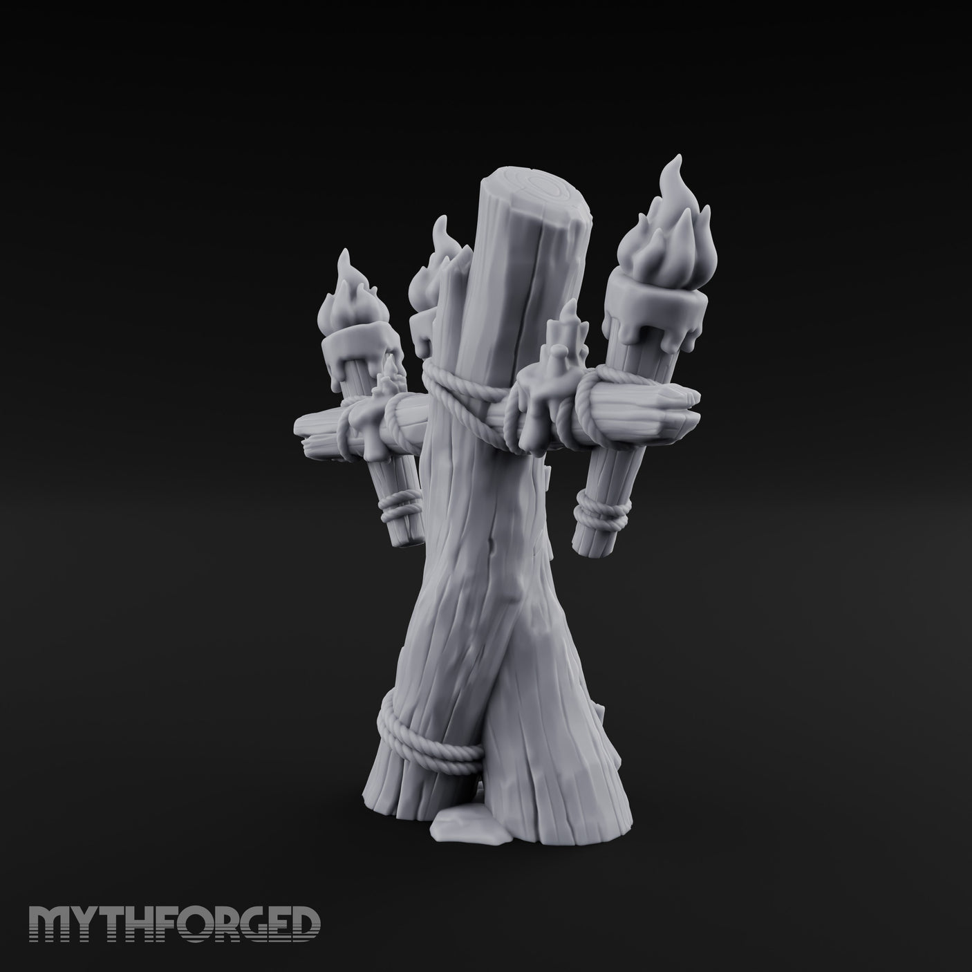 Rope-Lashed Torch-Bristling Tribal Wooden Torch Stand Miniature for Dungeons and Dragons, Pathfinder or other TTRPGs