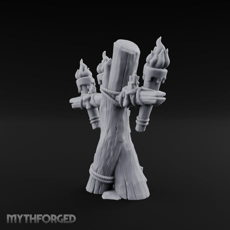 Rope-Lashed Torch-Bristling Tribal Wooden Torch Stand Miniature for Dungeons and Dragons, Pathfinder or other TTRPGs
