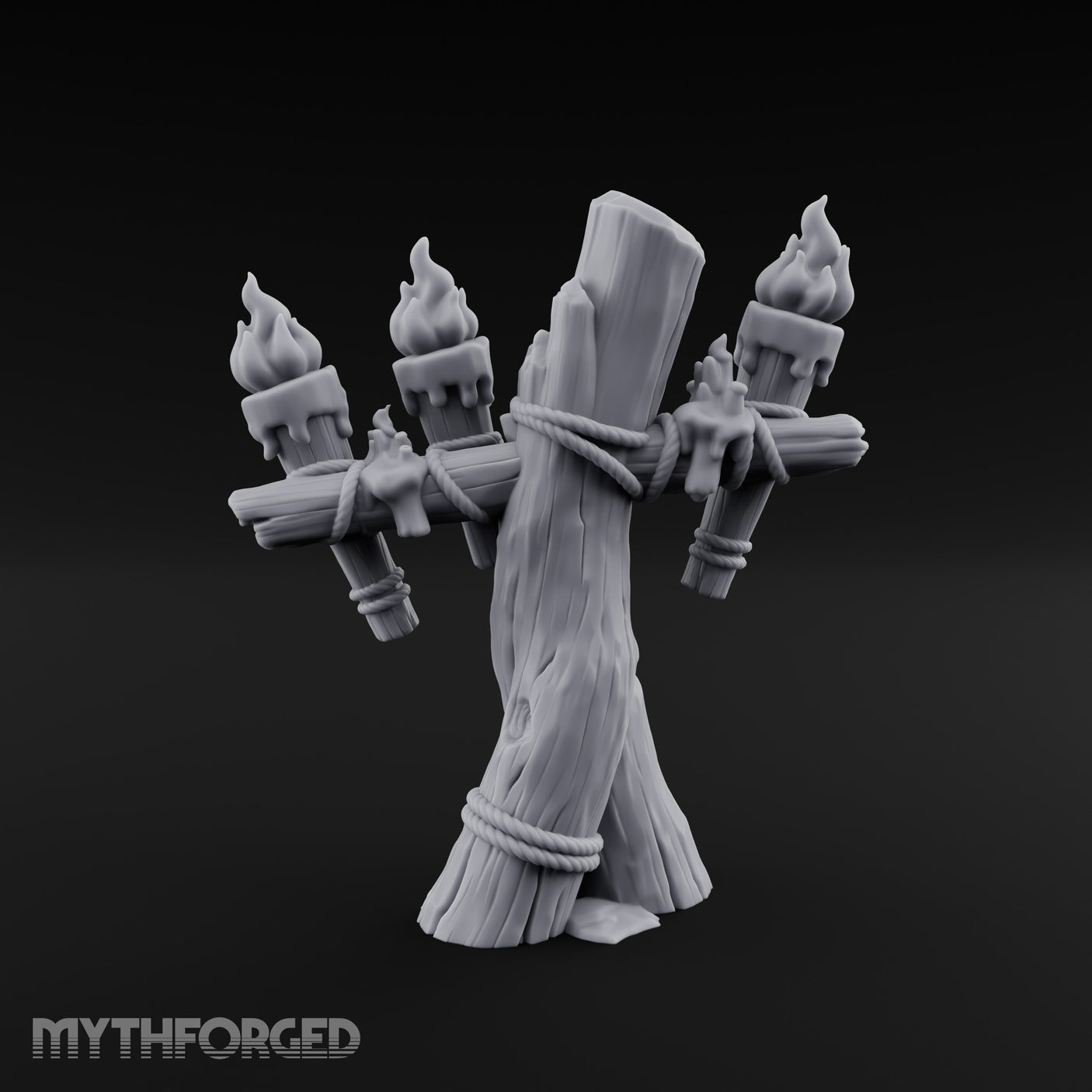 Rope-Lashed Torch-Bristling Tribal Wooden Torch Stand Miniature for Dungeons and Dragons, Pathfinder or other TTRPGs