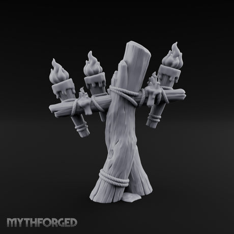 Rope-Lashed Torch-Bristling Tribal Wooden Torch Stand Miniature for Dungeons and Dragons, Pathfinder or other TTRPGs