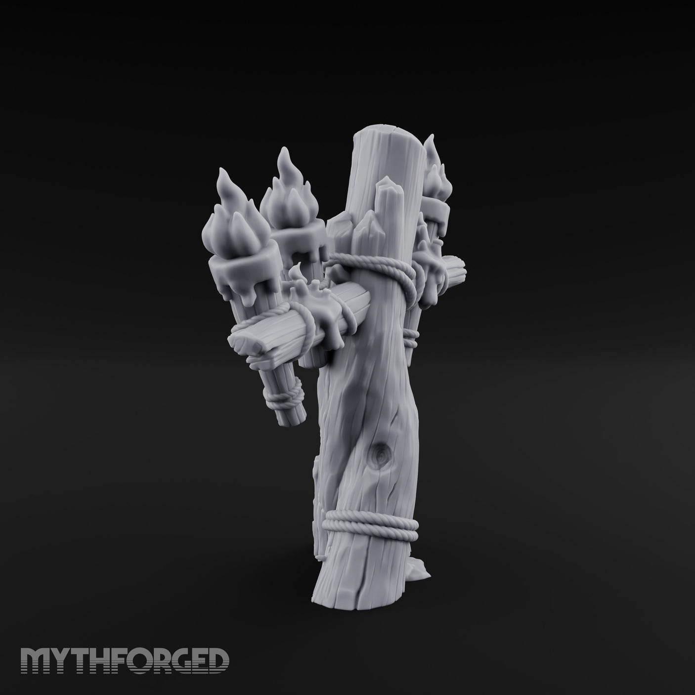 Rope-Lashed Torch-Bristling Tribal Wooden Torch Stand Miniature for Dungeons and Dragons, Pathfinder or other TTRPGs