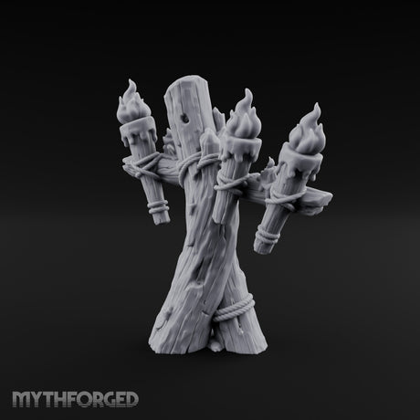 Rope-Lashed Torch-Bristling Tribal Wooden Torch Stand Miniature for Dungeons and Dragons, Pathfinder or other TTRPGs