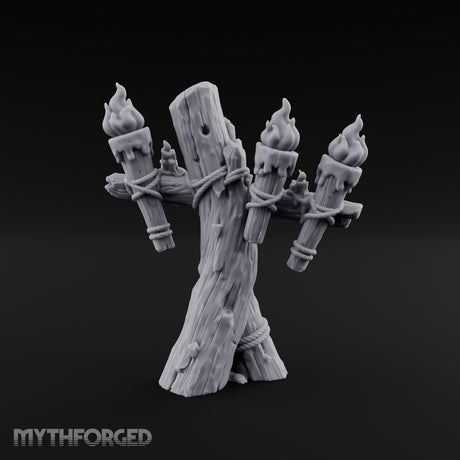 Rope-Lashed Torch-Bristling Tribal Wooden Torch Stand Miniature for Dungeons and Dragons, Pathfinder or other TTRPGs