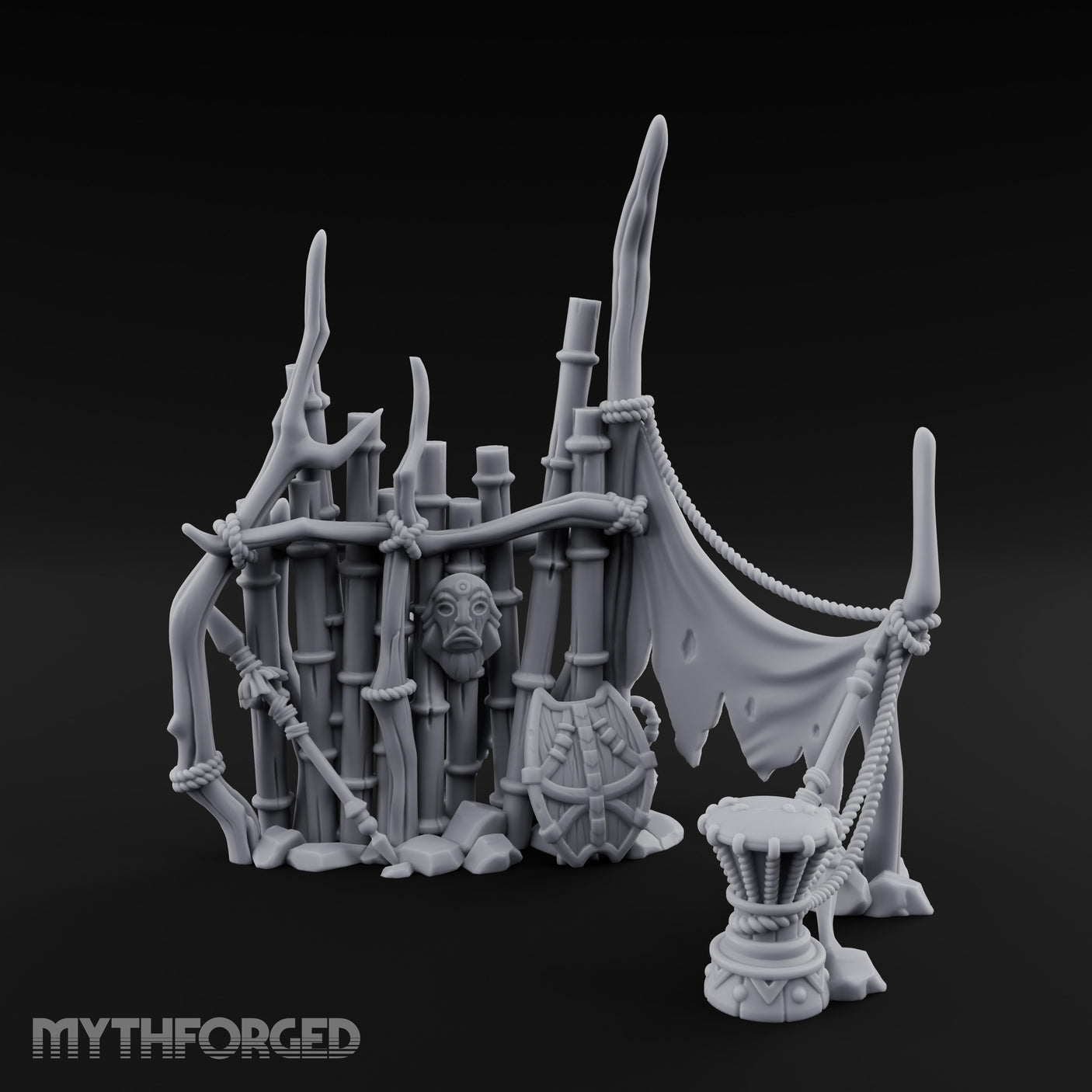 Rope-Lashed Totem-Masked Tribal Bamboo Palisade Scene Miniature for Dungeons and Dragons, Pathfinder or other TTRPGs