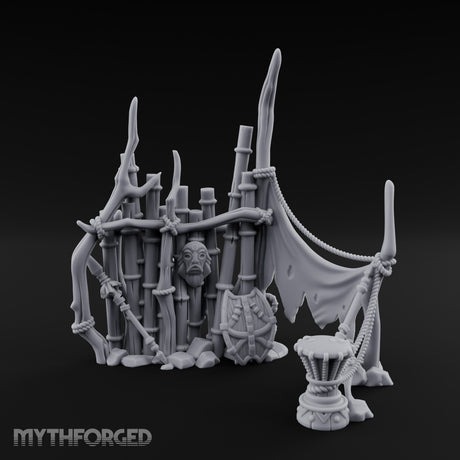 Rope-Lashed Totem-Masked Tribal Bamboo Palisade Scene Miniature for Dungeons and Dragons, Pathfinder or other TTRPGs