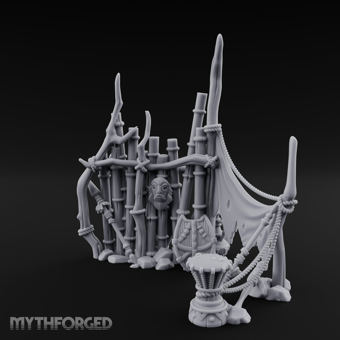Rope-Lashed Totem-Masked Tribal Bamboo Palisade Scene Miniature for Dungeons and Dragons, Pathfinder or other TTRPGs