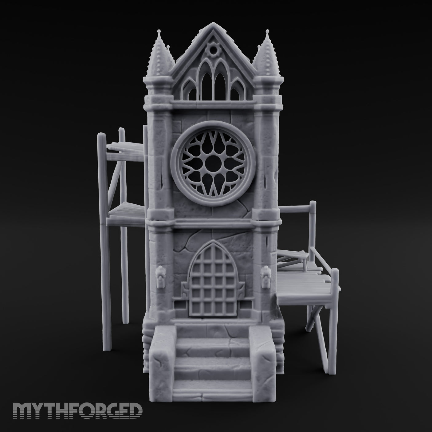 Rose-Windowed Scaffold-Ringed Gothic Bell Tower Miniature for Dungeons and Dragons, Pathfinder or other TTRPGs