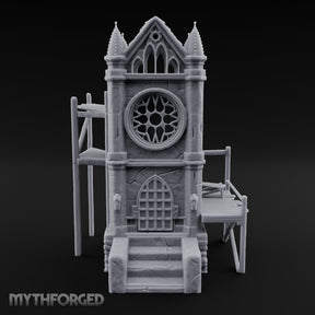 Rose-Windowed Scaffold-Ringed Gothic Bell Tower Miniature for Dungeons and Dragons, Pathfinder or other TTRPGs