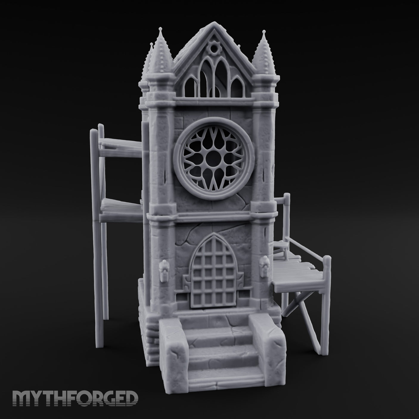 Rose-Windowed Scaffold-Ringed Gothic Bell Tower Miniature for Dungeons and Dragons, Pathfinder or other TTRPGs