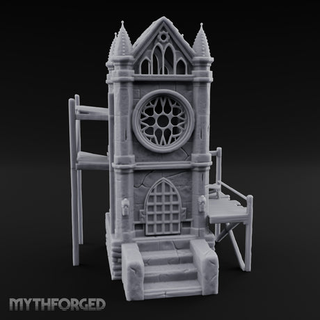 Rose-Windowed Scaffold-Ringed Gothic Bell Tower Miniature for Dungeons and Dragons, Pathfinder or other TTRPGs