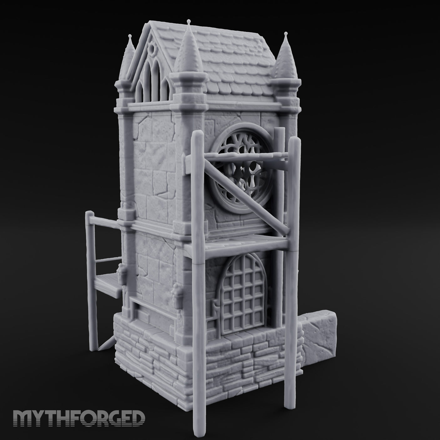 Rose-Windowed Scaffold-Ringed Gothic Bell Tower Miniature for Dungeons and Dragons, Pathfinder or other TTRPGs