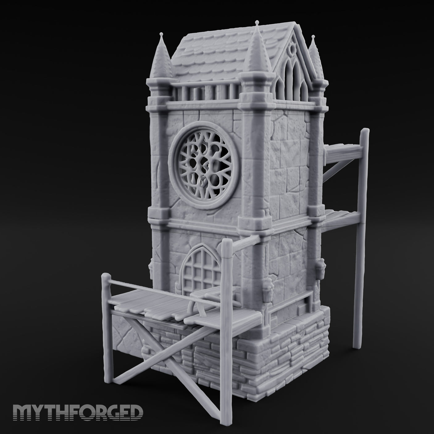 Rose-Windowed Scaffold-Ringed Gothic Bell Tower Miniature for Dungeons and Dragons, Pathfinder or other TTRPGs