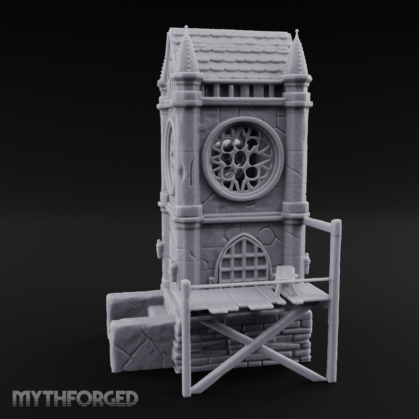 Rose-Windowed Scaffold-Ringed Gothic Bell Tower Miniature for Dungeons and Dragons, Pathfinder or other TTRPGs