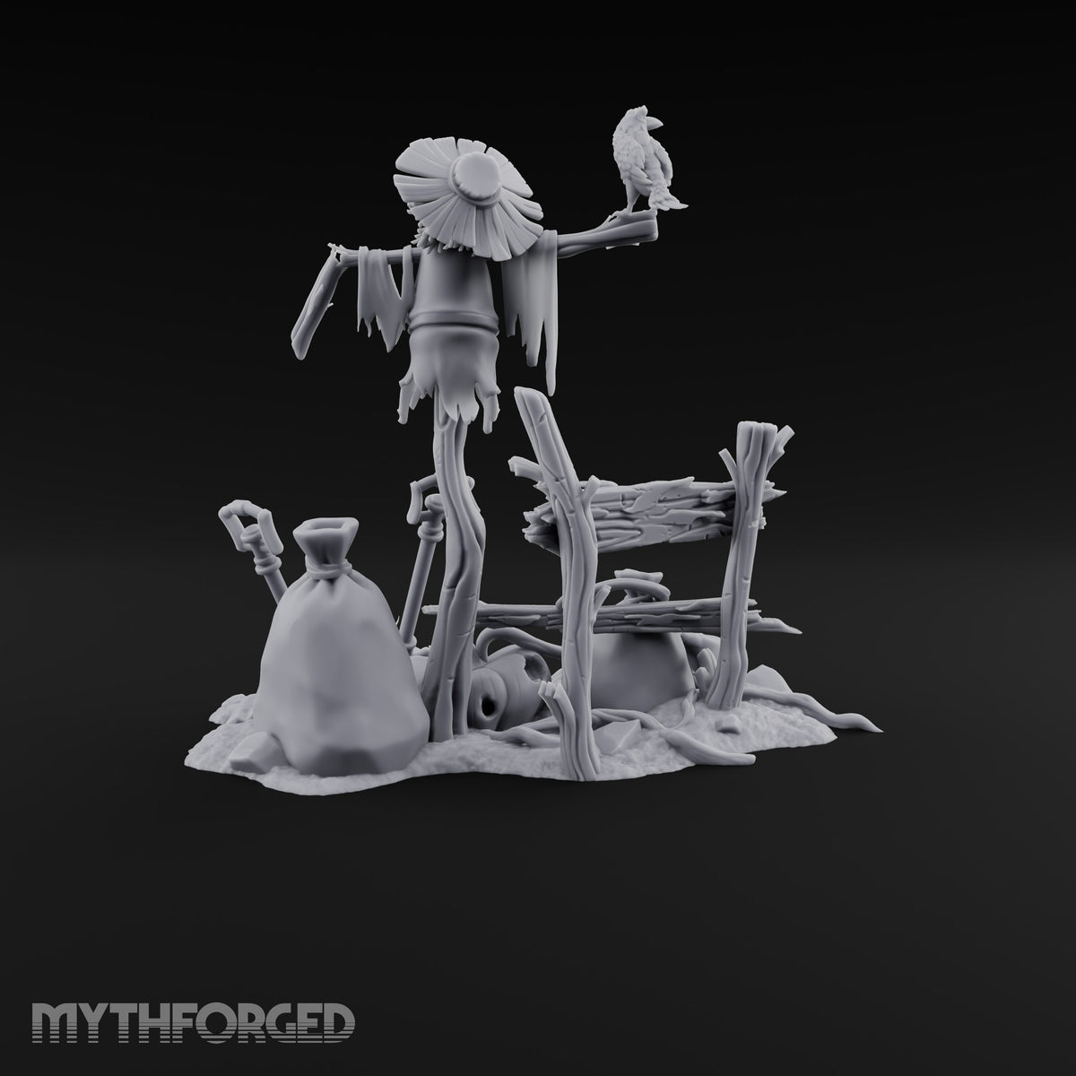 Crow Still Waits for Orders Rotting Scarecrow with Crow, Fence, Sacks, Shovels and Rats on Scenic Base
