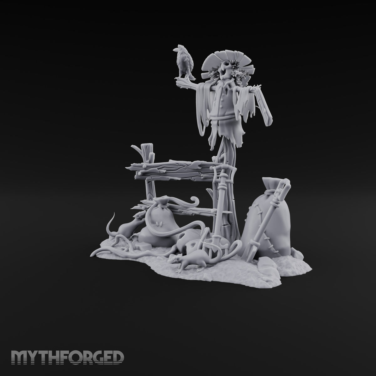 Crow Still Waits for Orders Rotting Scarecrow with Crow, Fence, Sacks, Shovels and Rats on Scenic Base