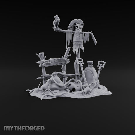 Crow Still Waits for Orders Rotting Scarecrow with Crow, Fence, Sacks, Shovels and Rats on Scenic Base