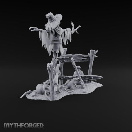 Nobody Told the Crows Rotten Skull-Faced Scarecrow with Broken Fence, Shovel, Sack, Pumpkin and Rat on Scenic Base