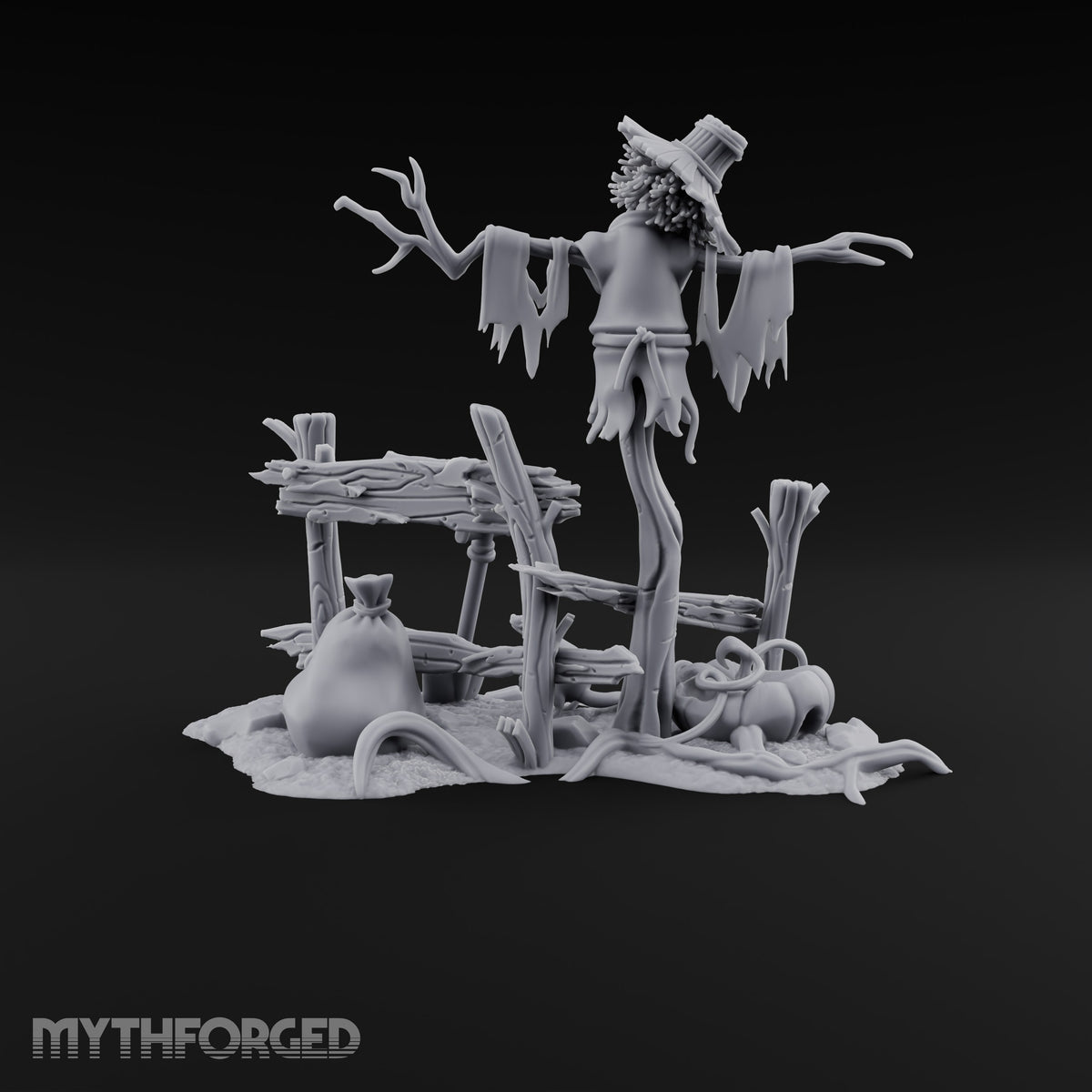 Nobody Told the Crows Rotten Skull-Faced Scarecrow with Broken Fence, Shovel, Sack, Pumpkin and Rat on Scenic Base