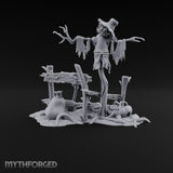 Nobody Told the Crows Rotten Skull-Faced Scarecrow with Broken Fence, Shovel, Sack, Pumpkin and Rat on Scenic Base