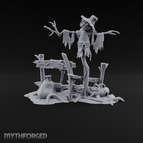 Nobody Told the Crows Rotten Skull-Faced Scarecrow with Broken Fence, Shovel, Sack, Pumpkin and Rat on Scenic Base