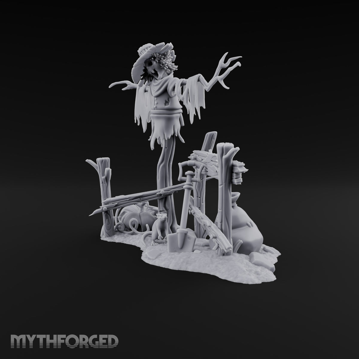 Nobody Told the Crows Rotten Skull-Faced Scarecrow with Broken Fence, Shovel, Sack, Pumpkin and Rat on Scenic Base