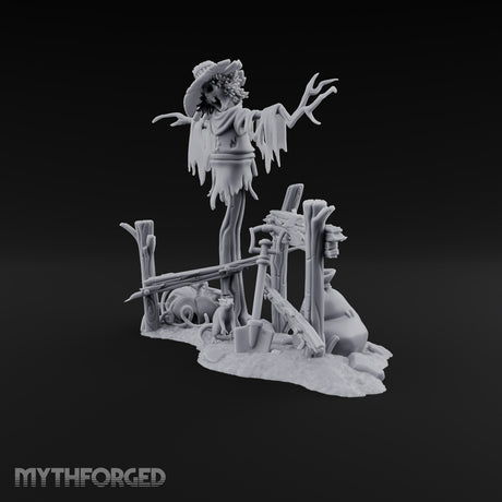 Nobody Told the Crows Rotten Skull-Faced Scarecrow with Broken Fence, Shovel, Sack, Pumpkin and Rat on Scenic Base