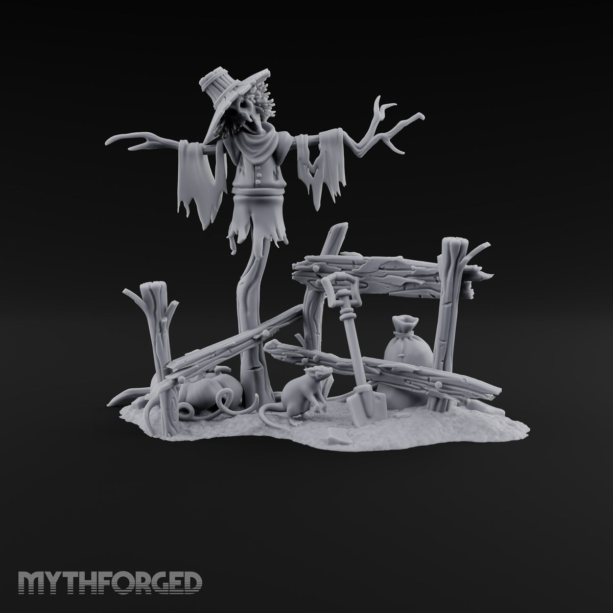 Nobody Told the Crows Rotten Skull-Faced Scarecrow with Broken Fence, Shovel, Sack, Pumpkin and Rat on Scenic Base
