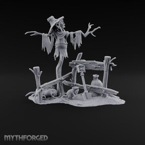 Nobody Told the Crows Rotten Skull-Faced Scarecrow with Broken Fence, Shovel, Sack, Pumpkin and Rat on Scenic Base