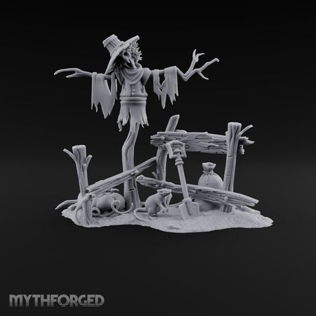 Nobody Told the Crows Rotten Skull-Faced Scarecrow with Broken Fence, Shovel, Sack, Pumpkin and Rat on Scenic Base