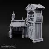 Whispers Filed, Scrolls Stacked Wooden Advisor Desk and Bookcase